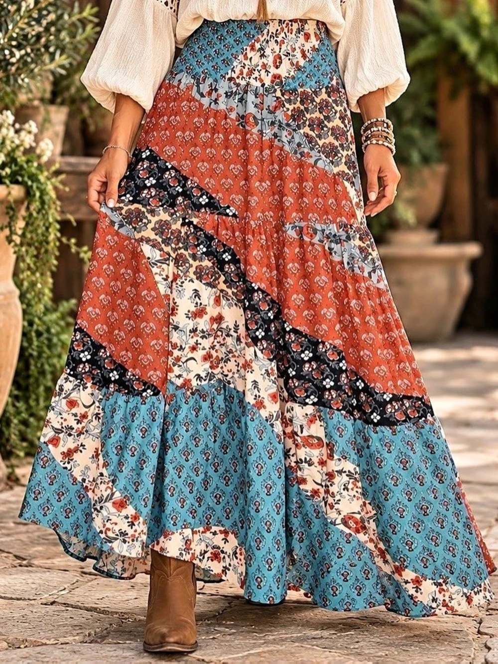 NWOT Boho Patchwork Floral Maxi Skirt Size M Stretch Waist